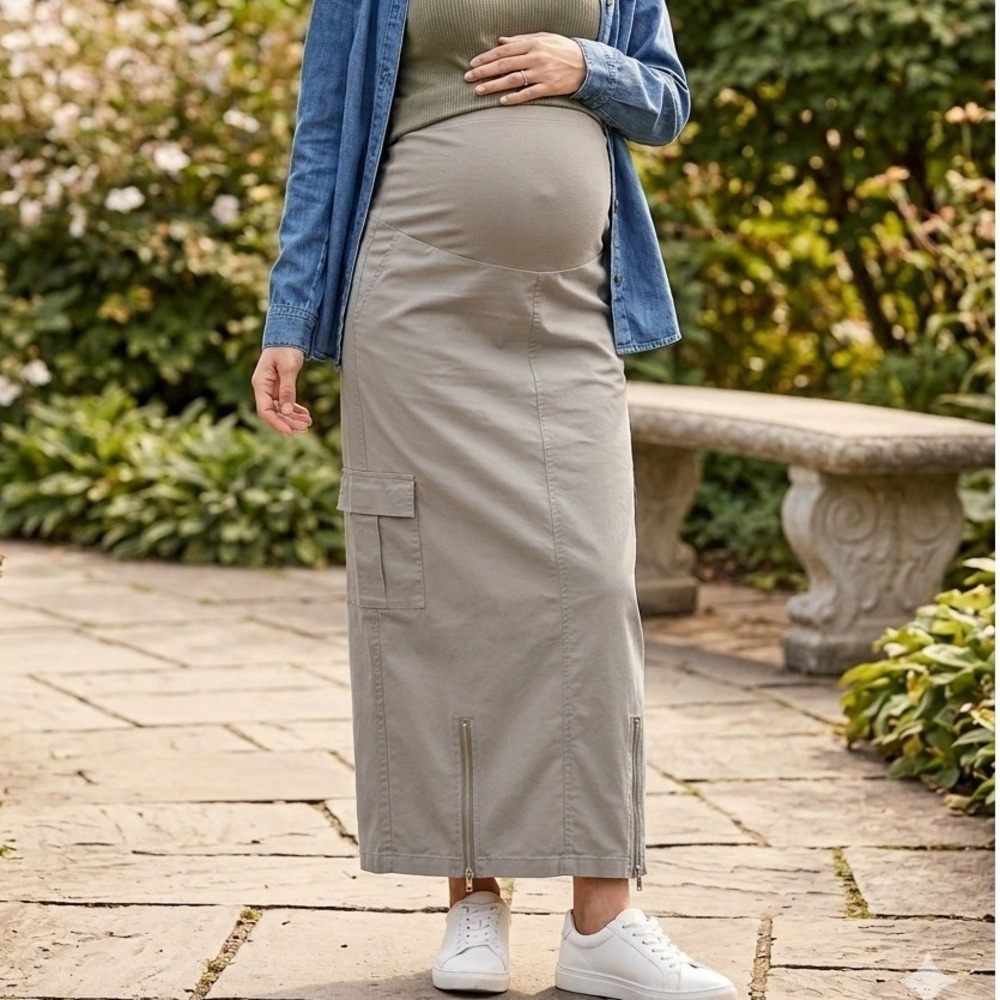 Noppies Maternity Cargo‎ Maxi Skirt Beige Stone Large Utility Hem Zips L